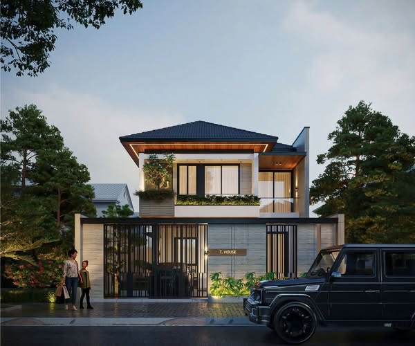 Thiết kế nhà 2 tầng mái Nhật hiện đại, gắn kết cùng thiên nhiên